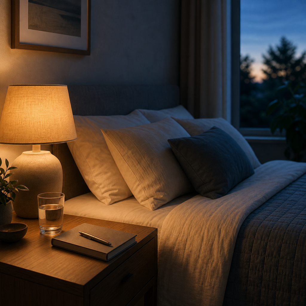 A calm bedroom at dusk with a soft bedside lamp, a notebook, a pen, a glass of water, and neatly prepared bedding.