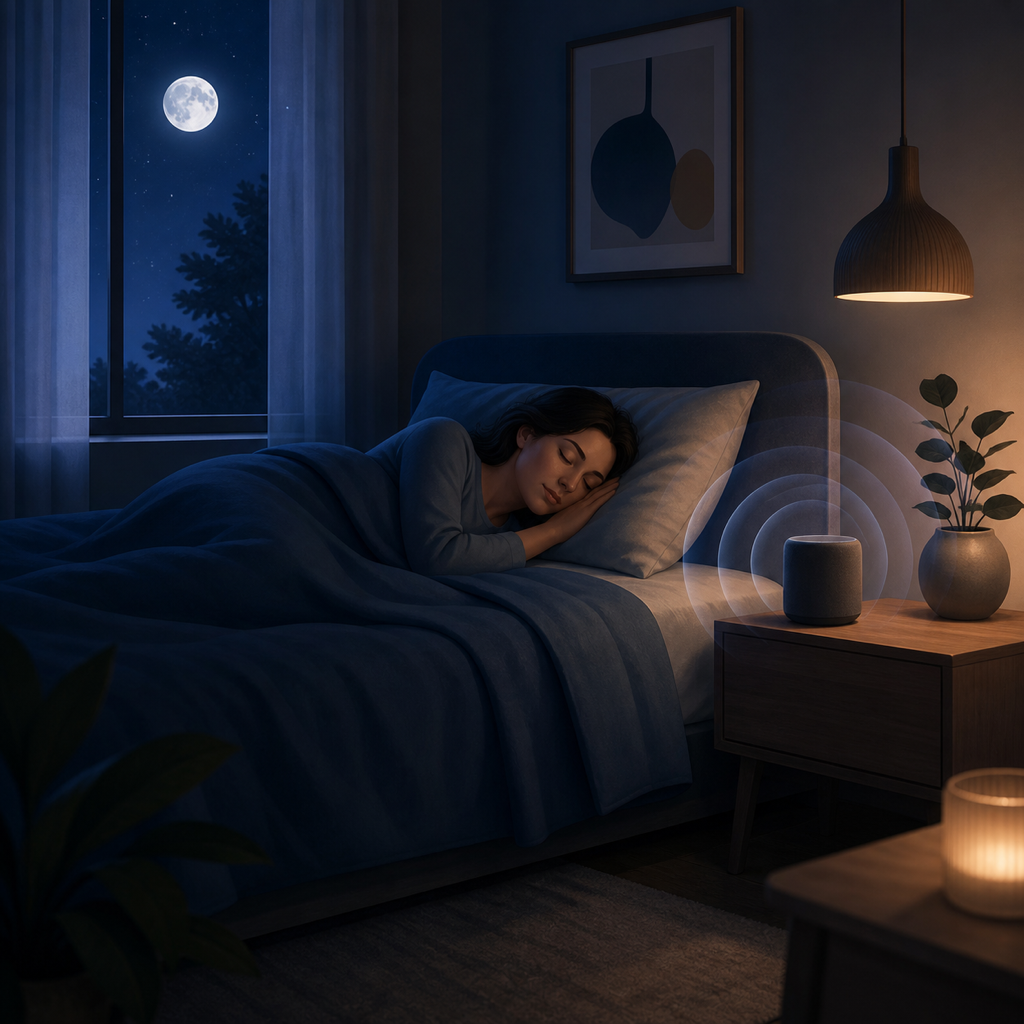 A calm moonlit bedroom with subtle sound ripples near a sleeping person.