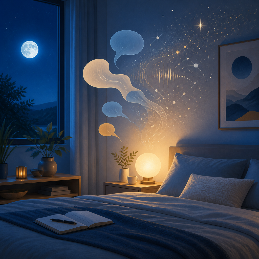 A calm moonlit bedroom illustration with abstract speech-like shapes fading into stars and sound waves.