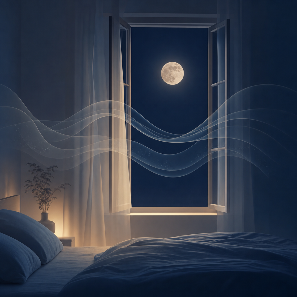 A calm moonlit bedroom window with subtle abstract sound ripples in the air.