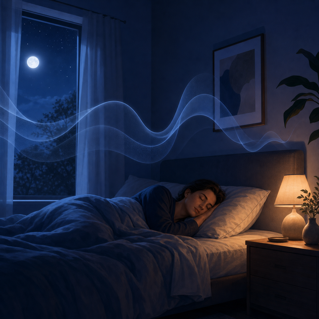 A calm moonlit bedroom illustration with a resting adult and gentle abstract sound waves above the bedside.